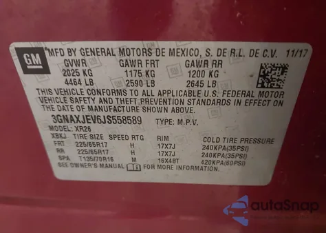 2018 Chevrolet Equinox Lt z USA, uszkodzony, nr VIN 3GNAXJEV6JS558589